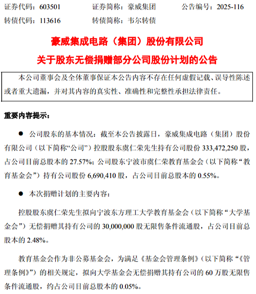 市值约36亿元！虞仁荣再次向宁波东方理工大学捐赠股份