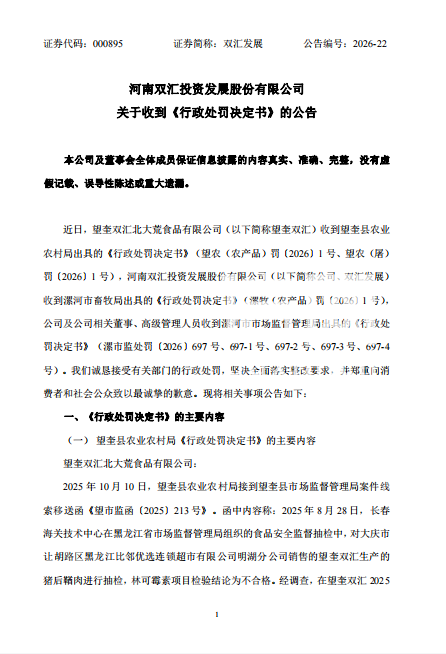 双汇猪肉兽药残留超标 黑龙江望奎、河南漯河多个监管部门开出大额罚单 董事长被罚3000余万元